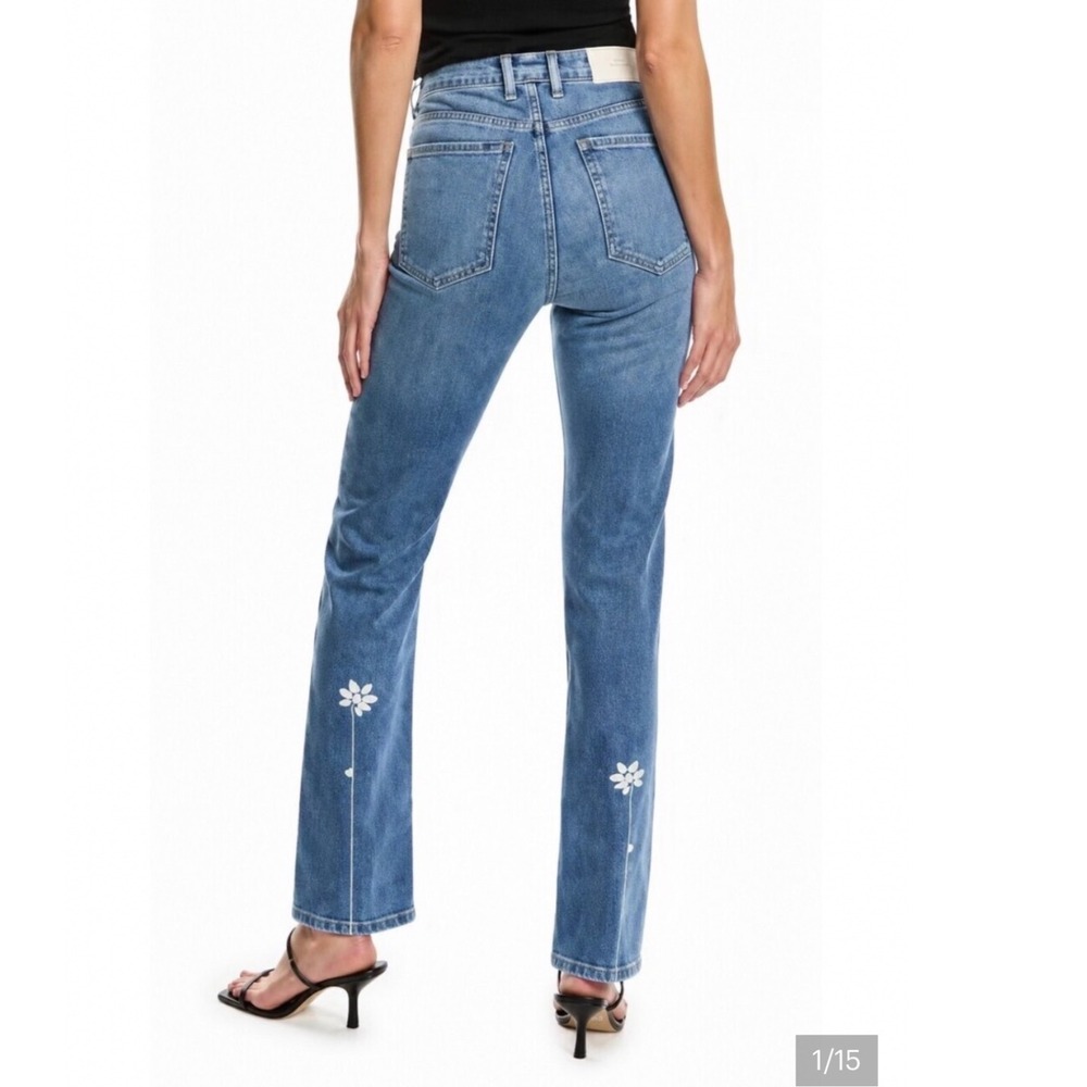 7‎ For Mankind Jean Women 27 Blue Straight Distressed Floral Graphic High Rise